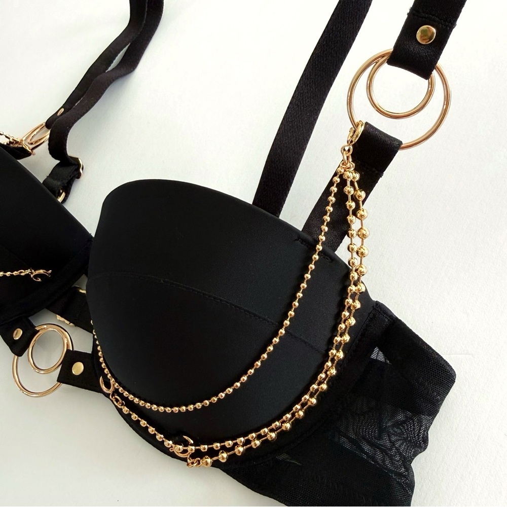 HONEY BIRDETTE SANA BLACK GOLD CIRCLE HANGING CHAIN PUSH-UP BALCONETTE BRA - Picture 6 of 10